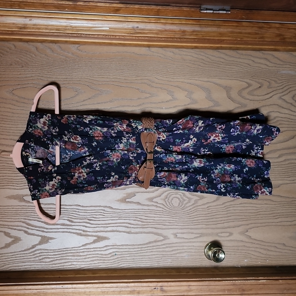 D'Closet Navy Floral Dress with Pockets and Belt